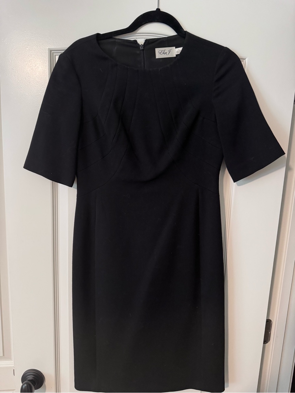 Eliza J Black Pleated-Neck Midi Sheath Dress
